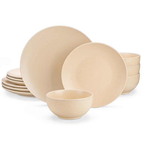 The Sabine 12-Piece Stoneware Dinnerware Set features a semi-matte finish and a modern round design in beige - providing service for 4 with both plates and bowls-vancasso