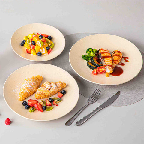 The Sabine 12-Piece Stoneware Dinnerware Set features a semi-matte finish and a modern round design in beige - providing service for 4 with both plates and bowls-vancasso