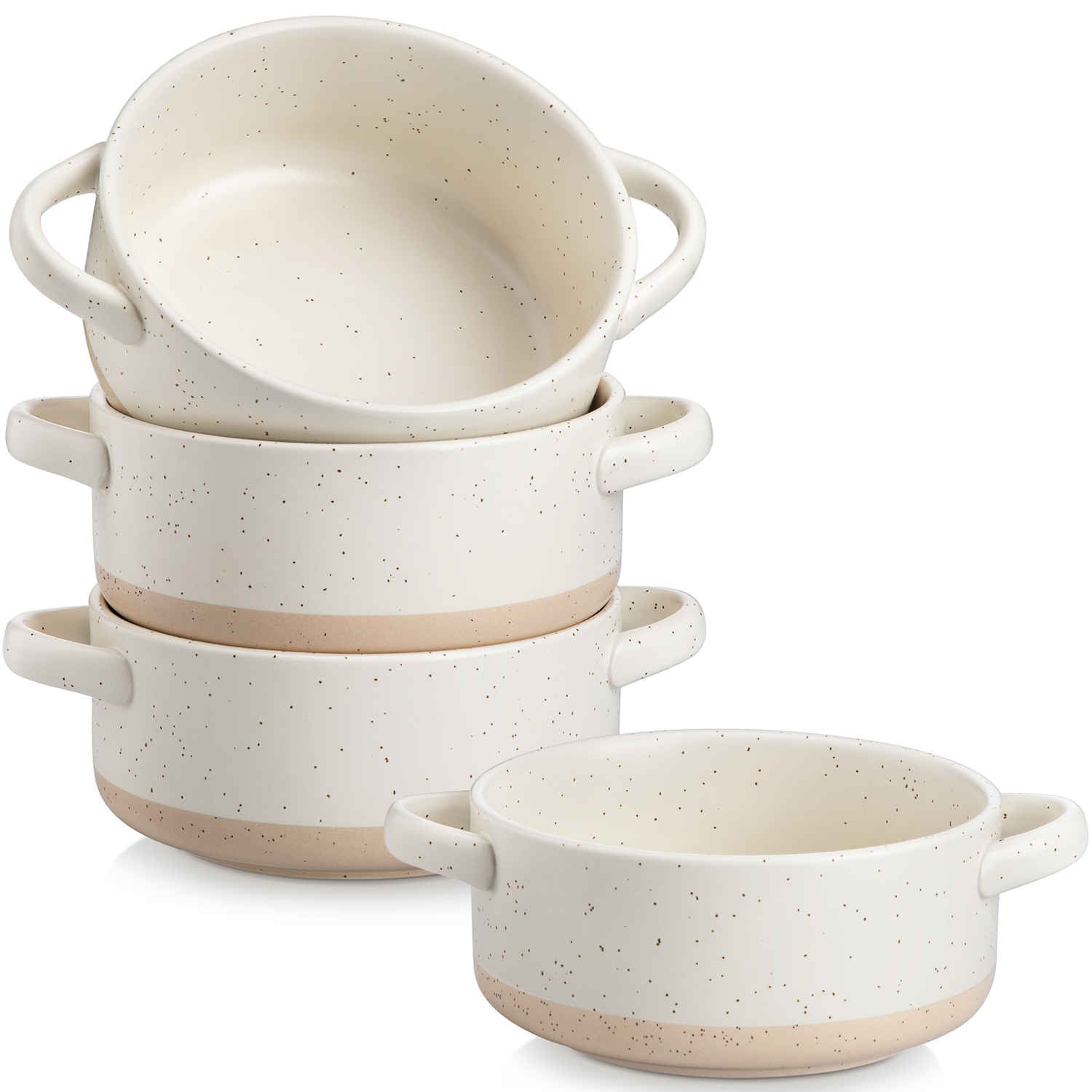 Beige Modern Sesam Glaze with Speckled Finish, Sabine Handled Stoneware Soup Bowls  Set of 4-vancasso