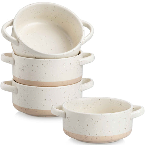 Sabine Collection Handled Soup Bowls Beige Sesame Glaze Set Vancasso