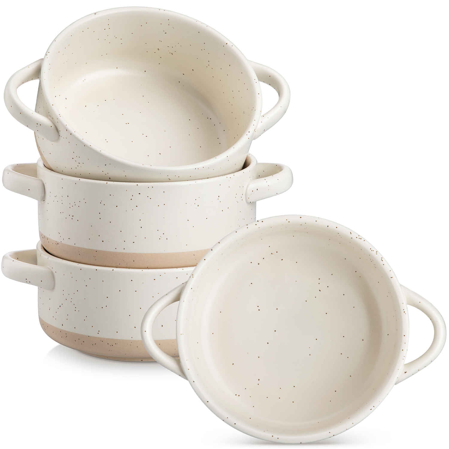 Beige Modern Sesam Glaze with Speckled Finish, Sabine Handled Stoneware Soup Bowls  Set of 4-vancasso