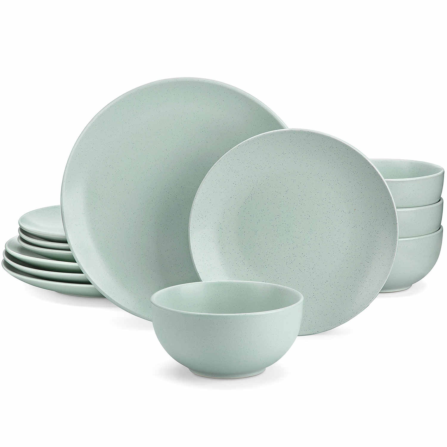 The Sabine 12-Piece Stoneware Dinnerware Set features a semi-matte finish and a modern round design in light grey - providing service for 4 with both plates and bowls-vancasso