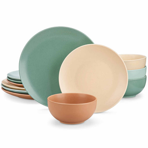 The Sabine 12-Piece Stoneware Dinnerware Set features a semi-matte finish and a modern round design in multicolor - providing service for 4 with both plates and bowls-vancasso