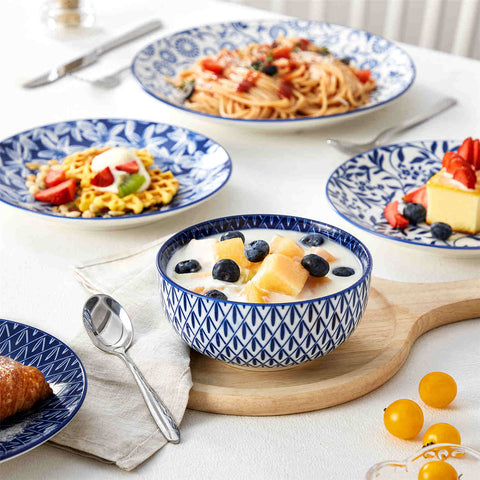 Selene 12-Piece Porcelain Dinnerware Set with blue and white glaze and Japanese-inspired design, including matching plates and bowls-vancasso