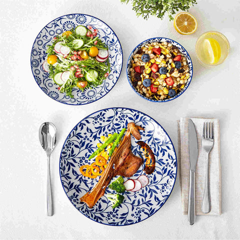 Selene 12-Piece Porcelain Dinnerware Set with blue and white glaze and Japanese-inspired design, including matching plates and bowls-vancasso