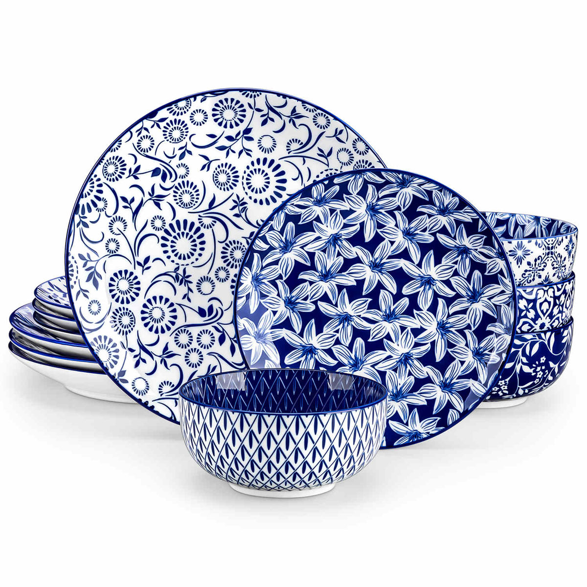 Selene 12-Piece Porcelain Dinnerware Set with blue and white glaze and Japanese-inspired design, including matching plates and bowls-vancasso