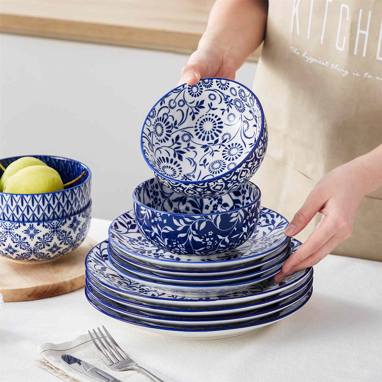 Selene 12-Piece Porcelain Dinnerware Set with blue and white glaze and Japanese-inspired design, including matching plates and bowls-vancasso