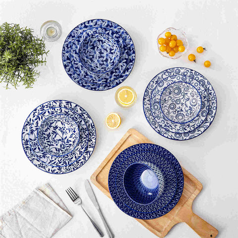 Selene 12-Piece Porcelain Dinnerware Set with blue and white glaze and Japanese-inspired design, including matching plates and bowls-vancasso