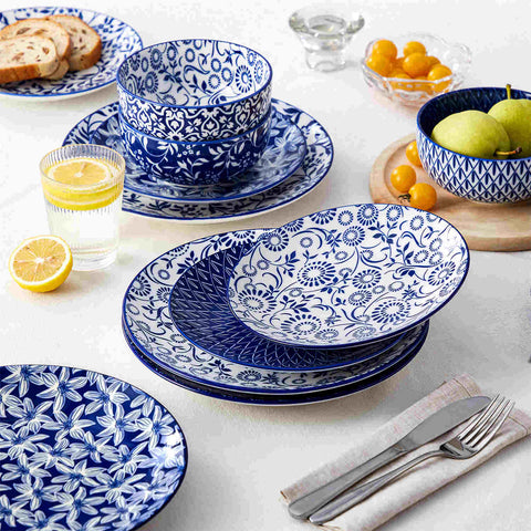 Selene 12-Piece Porcelain Dinnerware Set with blue and white glaze and Japanese-inspired design, including matching plates and bowls-vancasso