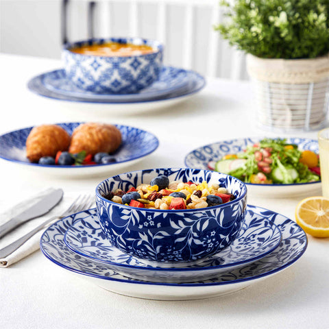 Selene 12-Piece Porcelain Dinnerware Set with blue and white glaze and Japanese-inspired design, including matching plates and bowls-vancasso