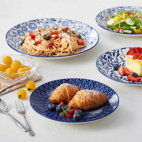 Selene 12-Piece Porcelain Dinnerware Set with blue and white glaze and Japanese-inspired design, including matching plates and bowls-vancasso