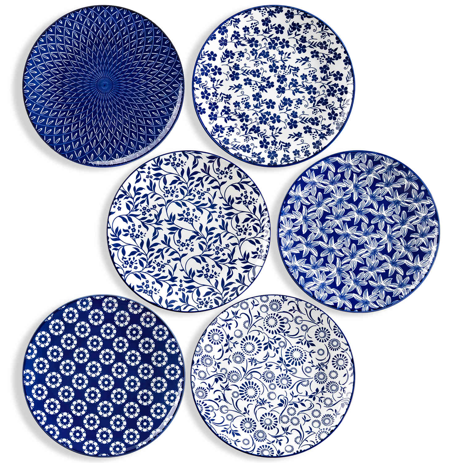 Selene 6-Piece Porcelain Dinner Plates Set, featuring beautiful Japanese-inspired floral patterns and a vibrant blue-and-white glaze-vancasso