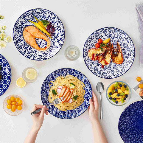 Selene 6-Piece Porcelain Dinner Plates Set, featuring beautiful Japanese-inspired floral patterns and a vibrant blue-and-white glaze-vancasso