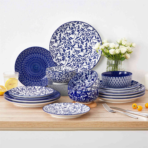 Selene 6-Piece Porcelain Dinner Plates Set, featuring beautiful Japanese-inspired floral patterns and a vibrant blue-and-white glaze-vancasso