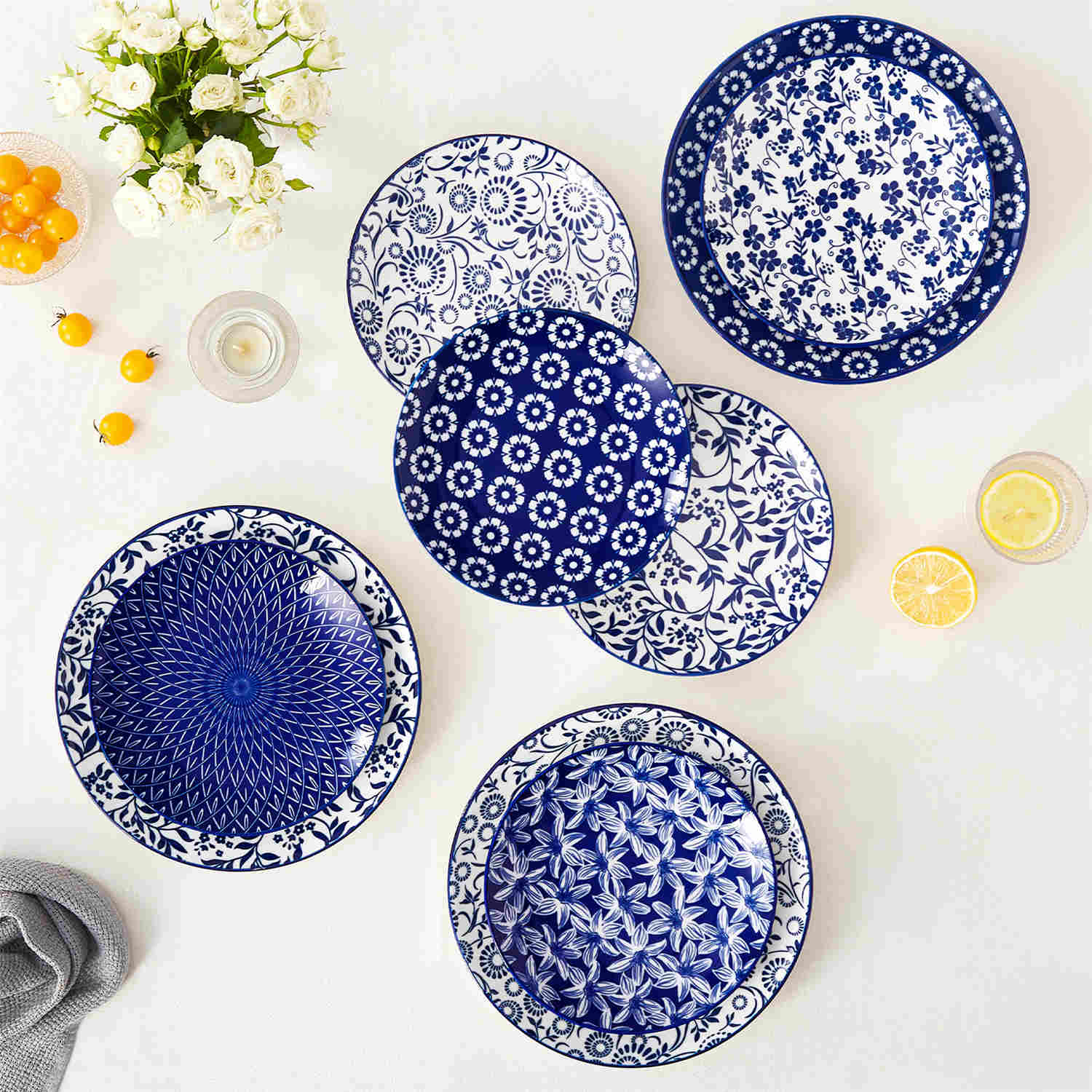 Selene 6-Piece Porcelain Dinner Plates Set, featuring beautiful Japanese-inspired floral patterns and a vibrant blue-and-white glaze-vancasso