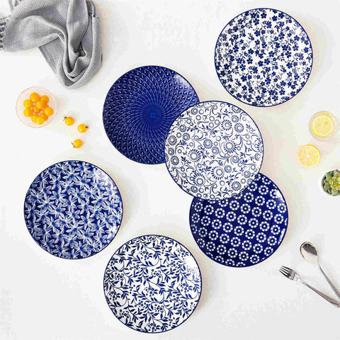 Selene 6-Piece Porcelain Dinner Plates Set, featuring beautiful Japanese-inspired floral patterns and a vibrant blue-and-white glaze-vancasso