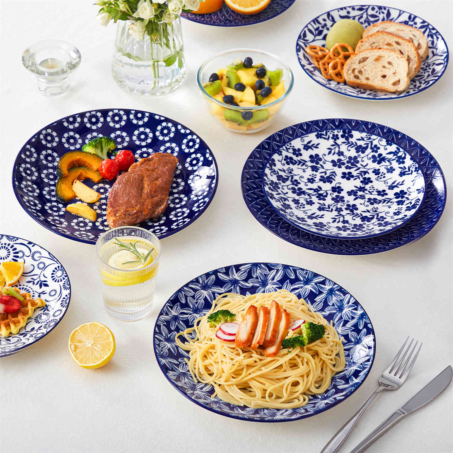 Selene 6-Piece Porcelain Dinner Plates Set, featuring beautiful Japanese-inspired floral patterns and a vibrant blue-and-white glaze-vancasso