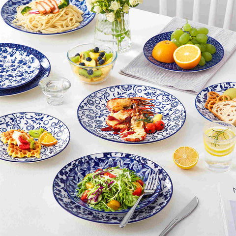 Selene 6-Piece Porcelain Dinner Plates Set, featuring beautiful Japanese-inspired floral patterns and a vibrant blue-and-white glaze-vancasso