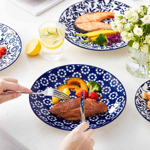 Selene 6-Piece Porcelain Dinner Plates Set, featuring beautiful Japanese-inspired floral patterns and a vibrant blue-and-white glaze-vancasso