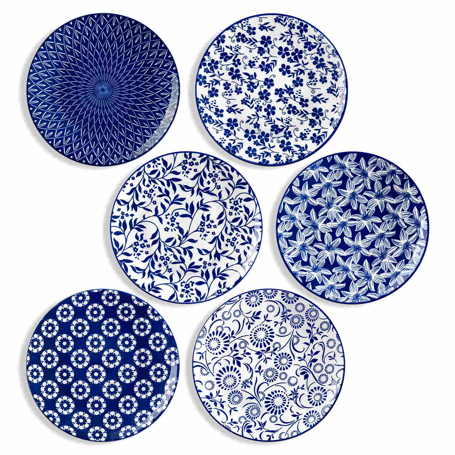 Selene 6-Piece Porcelain Salad Plates Set in Blue and White, adorned with exquisite Japanese-inspired floral motifs and a lustrous finish-vancasso