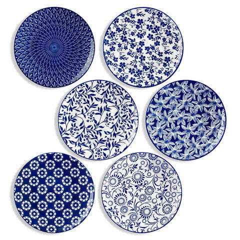 Selene 6-Piece Porcelain Salad Plates Set in Blue and White, adorned with exquisite Japanese-inspired floral motifs and a lustrous finish-vancasso