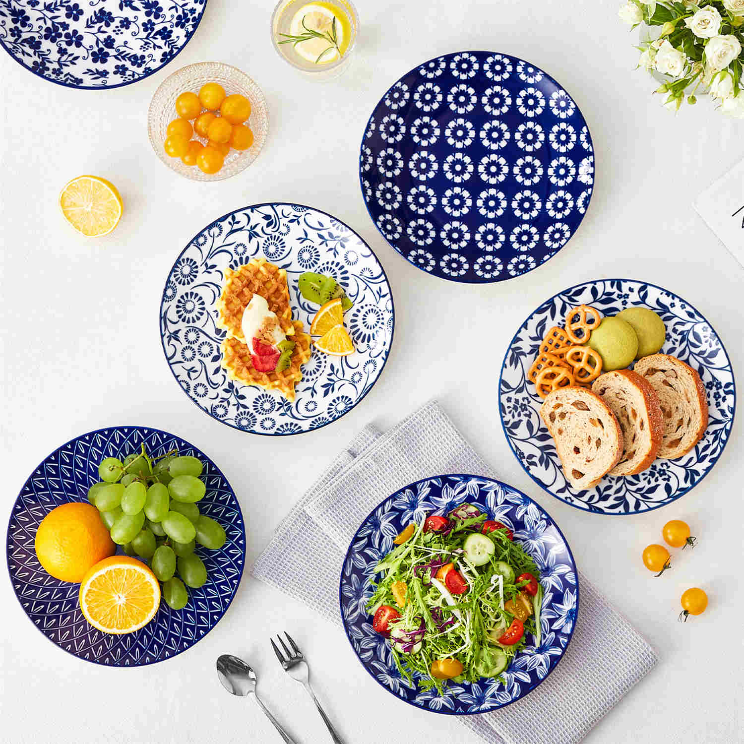 Selene 6-Piece Porcelain Salad Plates Set in Blue and White, adorned with exquisite Japanese-inspired floral motifs and a lustrous finish-vancasso