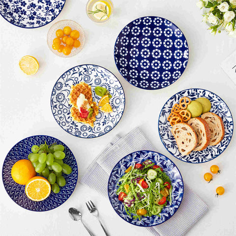 Selene 6-Piece Porcelain Salad Plates Set in Blue and White, adorned with exquisite Japanese-inspired floral motifs and a lustrous finish-vancasso