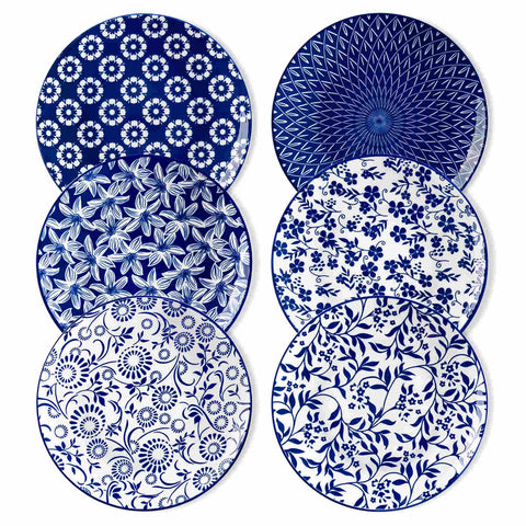 Selene 6-Piece Porcelain Salad Plates Set in Blue and White, adorned with exquisite Japanese-inspired floral motifs and a lustrous finish-vancasso