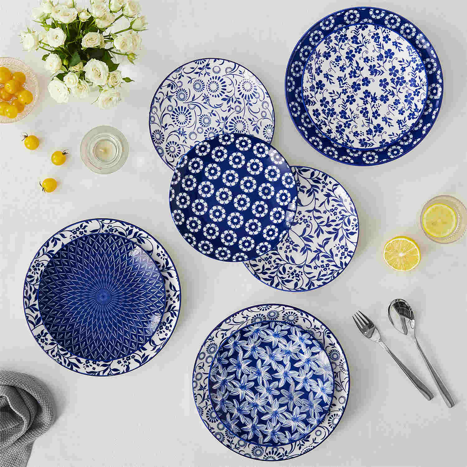 Selene 6-Piece Porcelain Salad Plates Set in Blue and White, adorned with exquisite Japanese-inspired floral motifs and a lustrous finish-vancasso