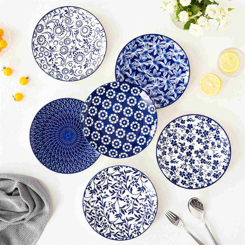 Selene 6-Piece Porcelain Salad Plates Set in Blue and White, adorned with exquisite Japanese-inspired floral motifs and a lustrous finish-vancasso