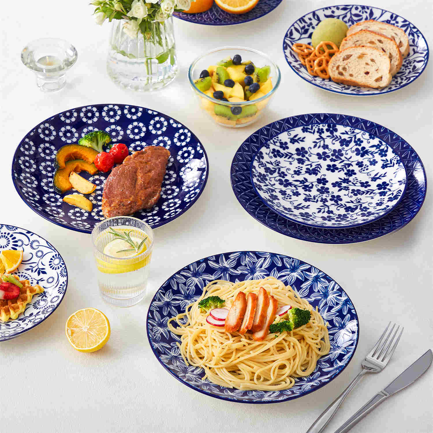 Selene 6-Piece Porcelain Salad Plates Set in Blue and White, adorned with exquisite Japanese-inspired floral motifs and a lustrous finish-vancasso