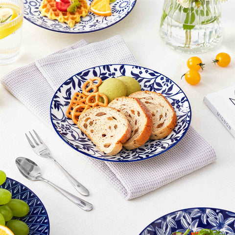 Selene 6-Piece Porcelain Salad Plates Set in Blue and White, adorned with exquisite Japanese-inspired floral motifs and a lustrous finish-vancasso