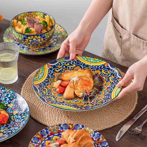 Boho Chic Simi 12-Piece Porcelain Dinnerware Set, Service for 4, Includes Sleek Round Bowls-vancasso