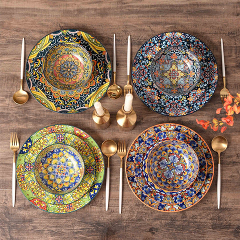 Boho Chic Simi 12-Piece Porcelain Dinnerware Set, Service for 4, Includes Sleek Round Bowls-vancasso