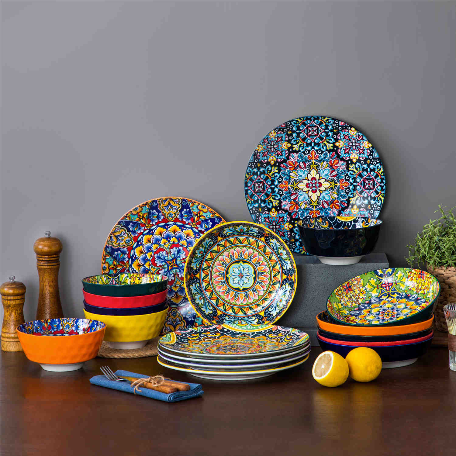 Boho Chic Simi 18-Piece Porcelain Dinnerware Set Pasta Bowls Set