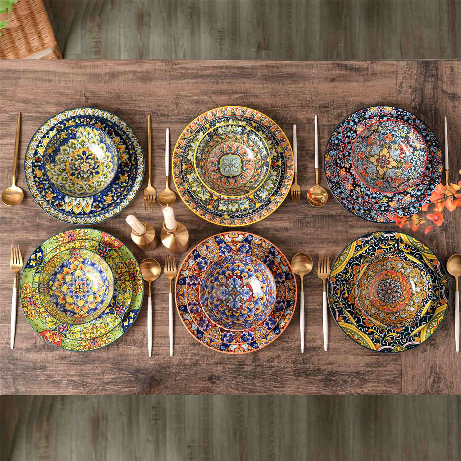 Boho Chic Simi 18-Piece Porcelain Dinnerware Set Plates and Bowls Set