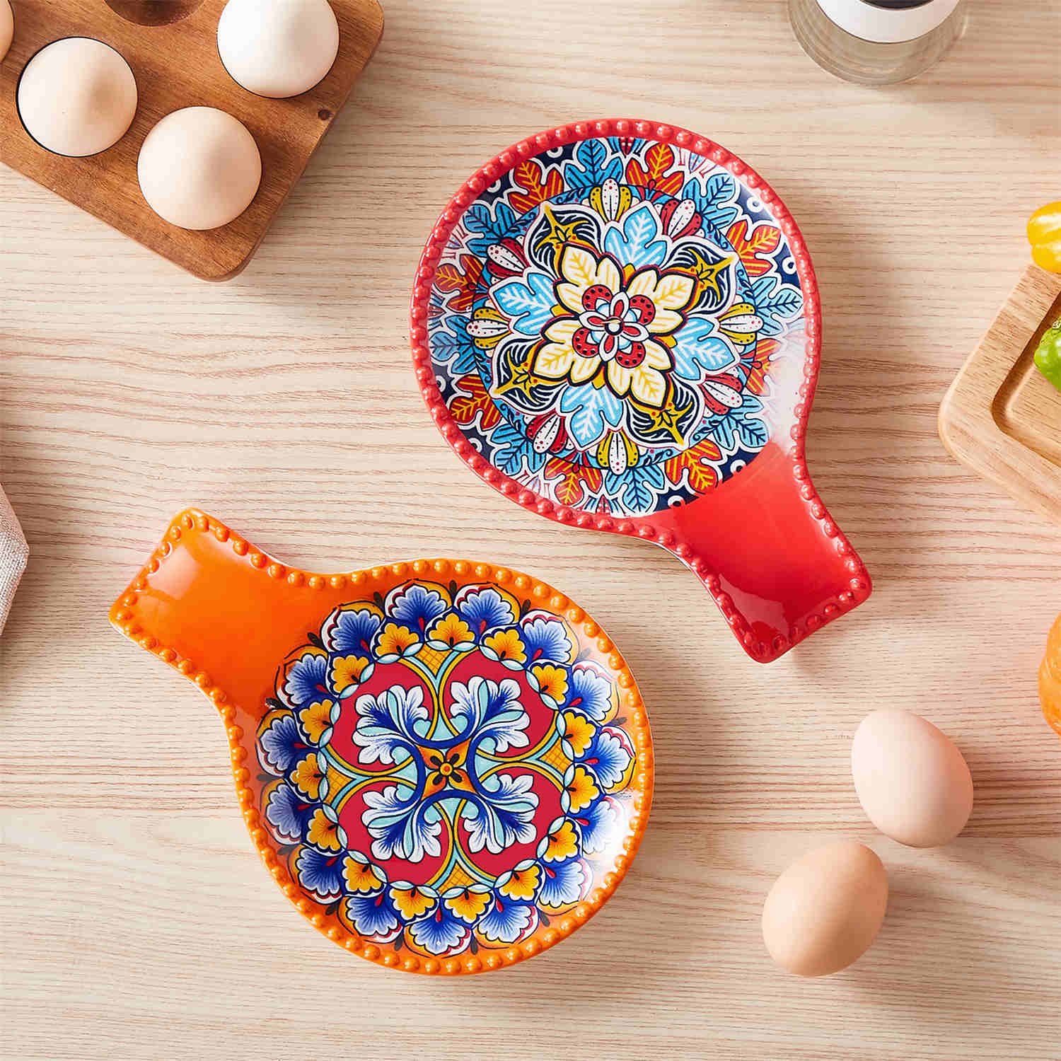 vancasso Simi Porcelain Flame Red Spoon Rests With Bohemian Patterns Ideal For Keeping Countertops Clean And Adding A Stylish Touch To Cooking Spaces