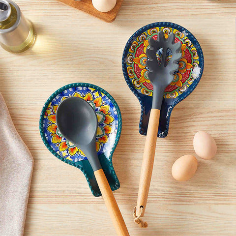 vancasso Simi Porcelain Midnight Blue Spoon Rests With Bohemian Patterns Ideal For Keeping Countertops Clean And Adding A Stylish Touch To Cooking Spaces