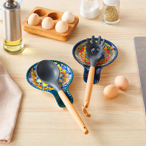 vancasso Simi Porcelain Midnight Blue Spoon Rests With Bohemian Patterns Ideal For Keeping Countertops Clean And Adding A Stylish Touch To Cooking Spaces