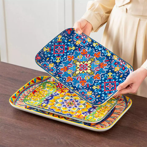 vancasso Simi Set Of 3 Rectangular Serving Platters With Bohemian-Inspired Patterns Perfect For Elegant Food Presentation - A