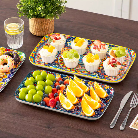 vancasso Simi Set Of 3 Rectangular Serving Platters With Bohemian-Inspired Patterns Perfect For Elegant Food Presentation - A