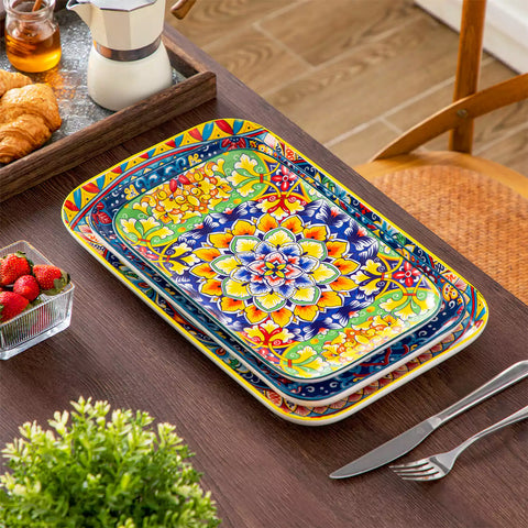 vancasso Simi Set Of 3 Rectangular Serving Platters With Bohemian-Inspired Patterns Perfect For Elegant Food Presentation - A