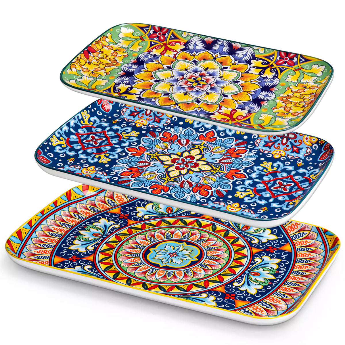 vancasso Simi Set Of 3 Rectangular Serving Platters With Bohemian-Inspired Patterns Perfect For Elegant Food Presentation - A