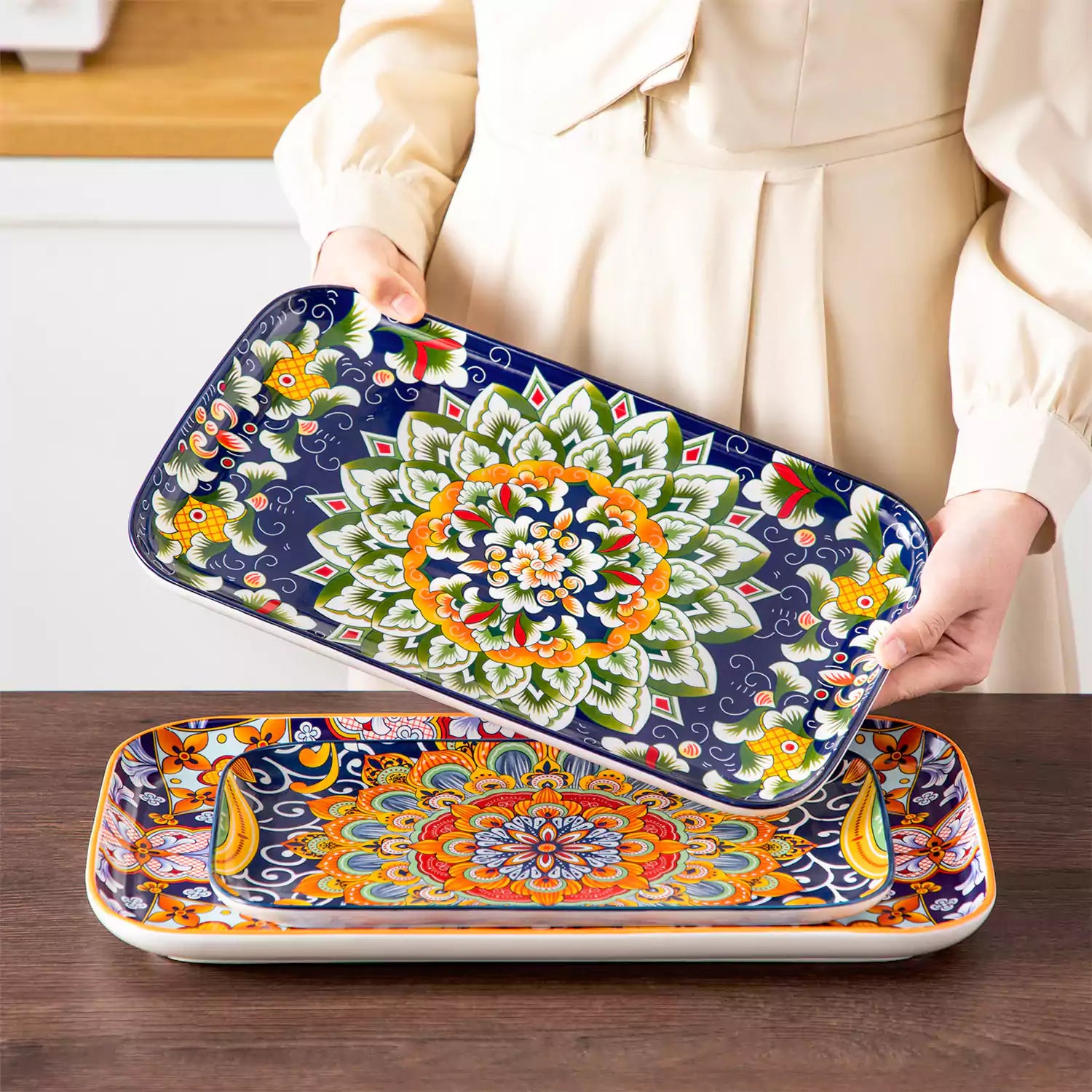 vancasso Simi Set Of 3 Rectangular Serving Platters With Bohemian-Inspired Patterns Perfect For Elegant Food Presentation - B