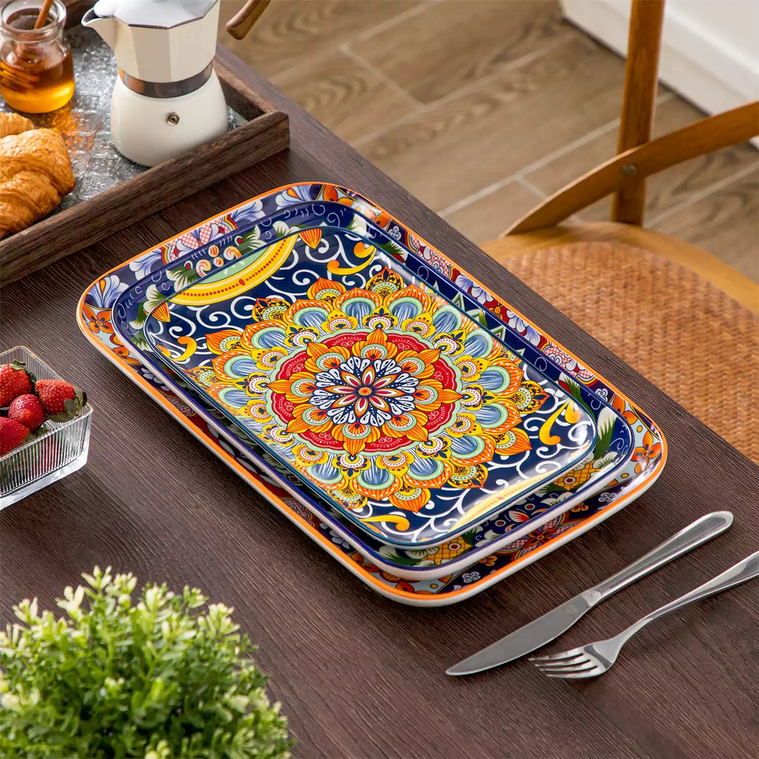 vancasso Simi Set Of 3 Rectangular Serving Platters With Bohemian-Inspired Patterns Perfect For Elegant Food Presentation - B