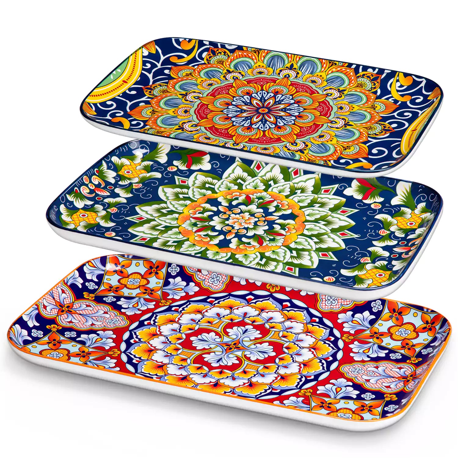 vancasso Simi Set Of 3 Rectangular Serving Platters With Bohemian-Inspired Patterns Perfect For Elegant Food Presentation - B