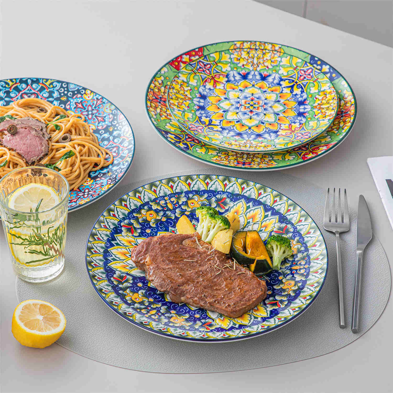 Boho Chic Simi Porcelain Dinner Plates Set of 6 with Vibrant Pattern-vancasso