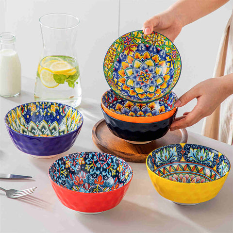 Boho Chic Simi Porcelain Bowls Set of 6 with Vibrant Pattern-vancasso