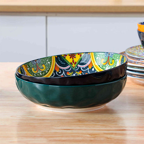 vancasso Simi Set Of 2 Large Serving Bowls In Bohemian Style - Perfect For Family Gatherings Or Festive Dining - Crafted From Durable Porcelain - Midnight Blue