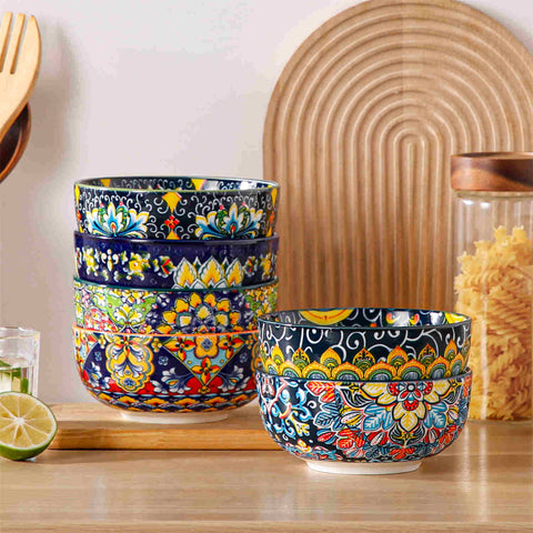 The Simi Set of 6 Double-Sided Stoneware Bowls features a stylish boho chic design-vancasso